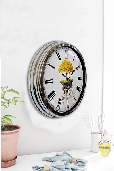 Kasva Concept Gift 40 cm Chrome Metal Tree Root Wall Clock Gift