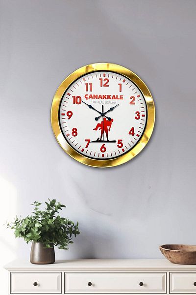Kasva Concept Gift 36 cm Gold Metal Çanakkale Commemorative Wall Clock
