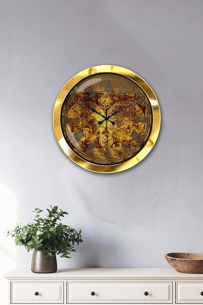 Kasva Concept Δώρο 36 εκ. Χρυσό Μεταλλικό Ρολόι Τοίχου Χάρτη