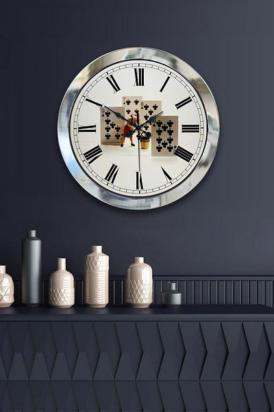 Kasva Concept Gift 36 cm Chrome Metal Playing Card Wall Clock