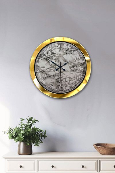 Kasva Concept Gift 36 cm Gold Metal Marble Design Wall Clock