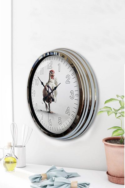 Kasva Concept Gift 40 cm Chrome Metal Rooster Wall Clock