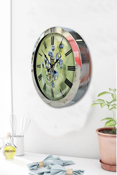 Kasva Concept Gift 36 cm Chrome Metal Flowers Wall Clock
