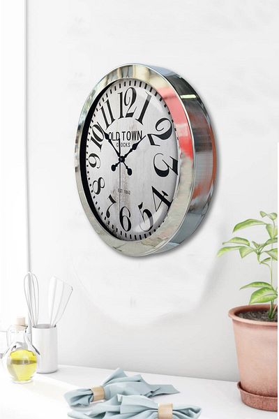 Kasva Concept Gift 36 cm Chrome Metal Old Town Wall Clock