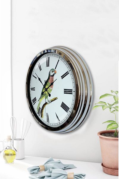 Kasva Concept Gift 40 cm Chrome Metal Wall Clock with Bird