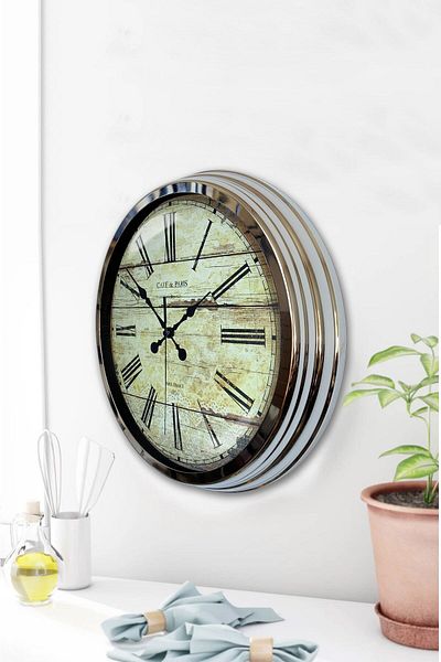 Kasva Concept Gift 40 cm Chrome Metal Antique Wall Clock