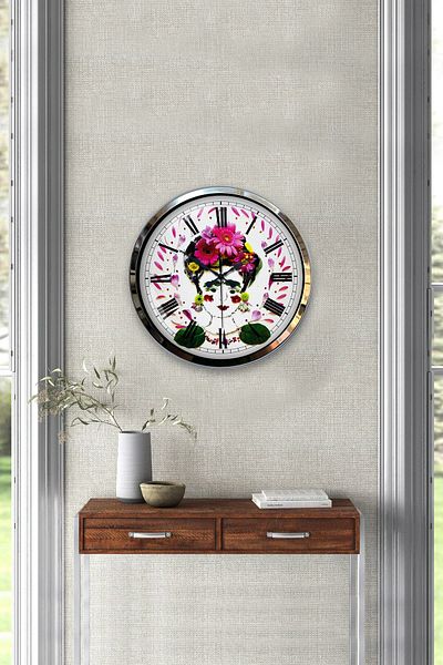 Kasva Concept Gift 40 cm Chrome Metal Flowers Wall Clock