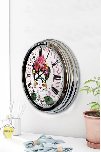 Kasva Concept Gift 40 cm Chrome Metal Flowers Wall Clock