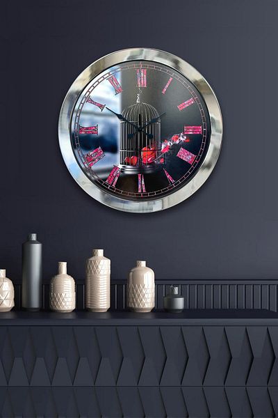 Kasva Concept Gift 36 cm Chrome Metal Bird Cage Wall Clock