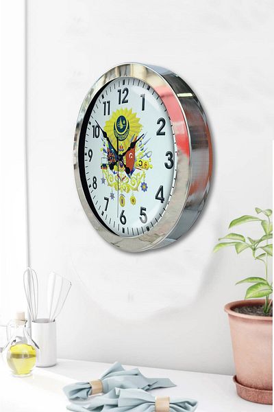 Kasva Concept Gift 36 cm Chrome Metal Ottoman Coat of Arms Wall Clock