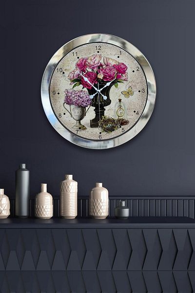 Kasva Concept Gift 36 cm Chrome Metal Pink Flower Wall Clock