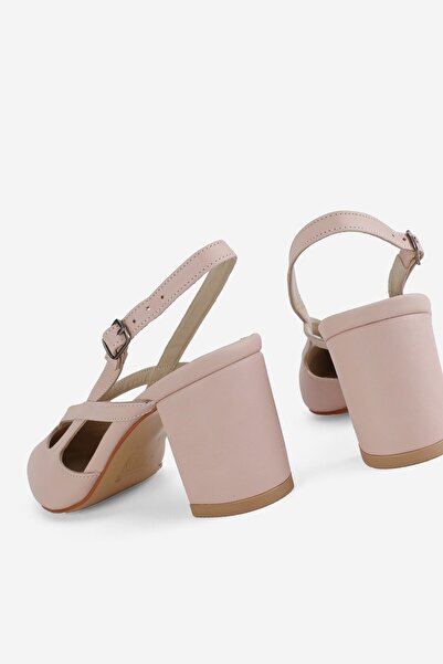 TUNAELLİ Women's Powder Color Genuine Leather Open Back Heeled Shoes - Number 34-35-41-42
