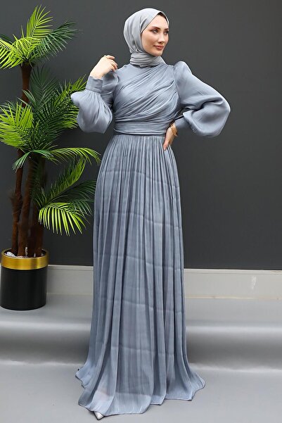 GİZ AGİYİM Γκρι μεταξωτό φόρεμα χιτζάμπ