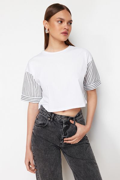 Trendyol Collection White Striped Poplin Sleeve Detailed Slogan Printed Crop Knitted T-Shirt TWOSS24TS00239