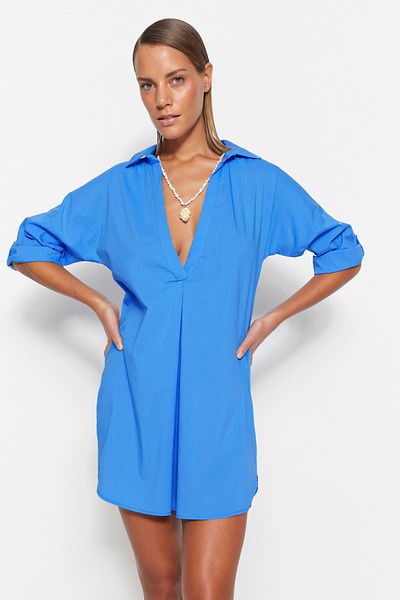 Trendyol Collection Modré tkané bavlněné mini plážové šaty TBESS21EL3979