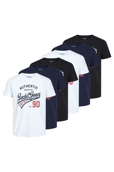 Jack & Jones JACK&JONES 6er-Pack Herren-T-Shirts – blauer Ausschnitt, Vintage...