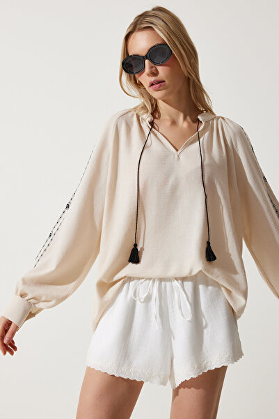 Happiness İstanbul Γυναικεία Κρεμ κεντημένη Oversize Λινό Μπλούζα RG00038
