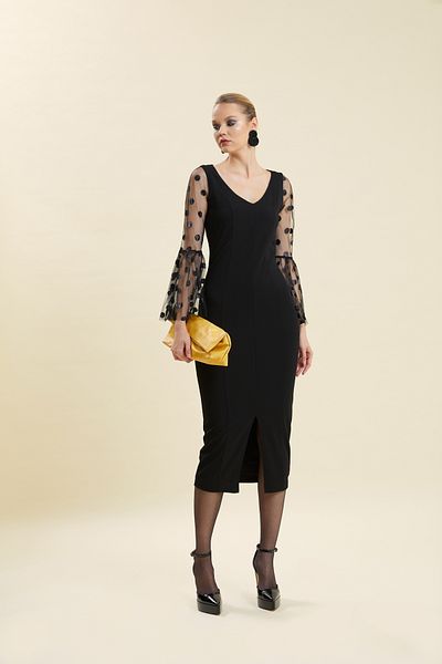 VERDA V-Neck Polka Dot Evening Dress - Flounce Sleeves and Front Slit Dress