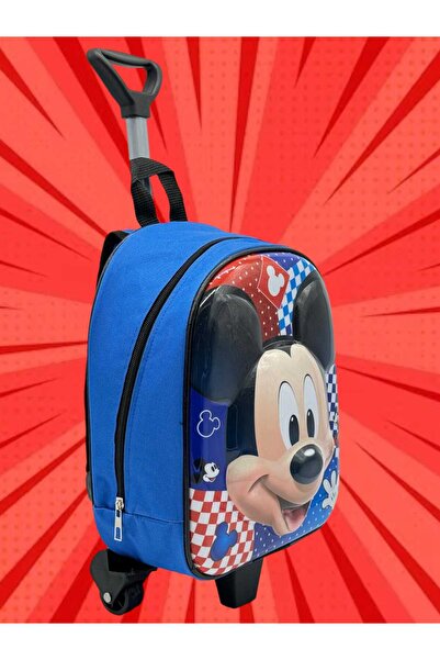 Tezzgelsin Anaokulu Kreş Mavi Mickey Mouse Baskılı Çekçekli Tekerli Kabartma Seyahat Valizi ve Okul Çantası