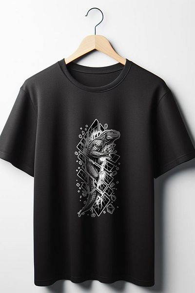 Vordevia Unisex Komodo Dragon Printed Oversize Μαύρο T-Shirt - Crew Neck