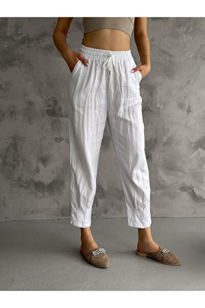 diaves High Waist White Linen Trousers - Summer Detailed