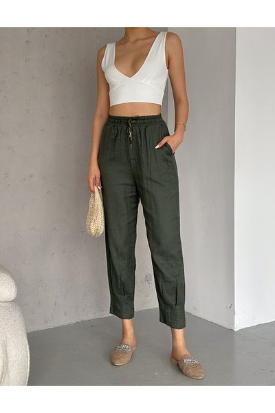 diaves High Waist Khaki Linen Trousers - Summer Leg Detail