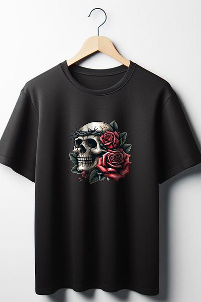 Vordevia Μαύρο μπλουζάκι με στάμπα κρανίου Oversize Wide Fit Unisex Crew Neck