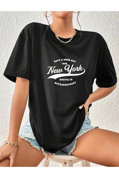 khufu Tricou confortabil negru oversize cu imprimeu New York