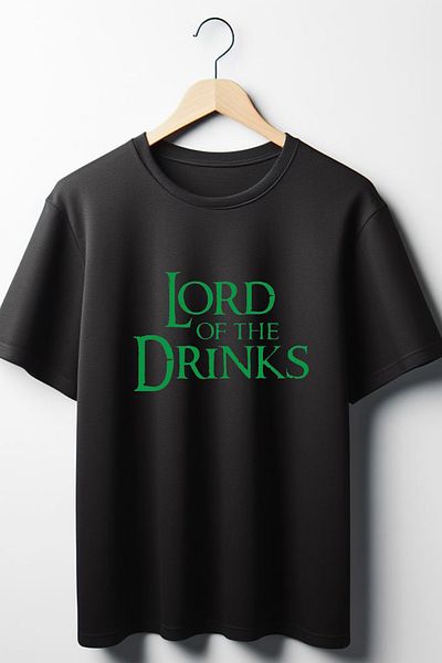 Vordevia Lord Of The Drinks Text Printed - Unisex Oversize Μαύρο T-Shirt, Crew Neck