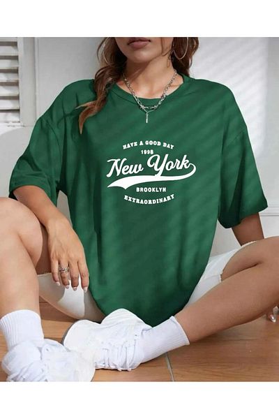 khufu NEFTİ GREEN Oversize New York printed άνετο μπλουζάκι