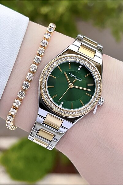 Ferrucci Kadranı Yeşil Sarı Gümüş Renk 24 Ay Garantili Kadın Kol Saati ve Bil...
