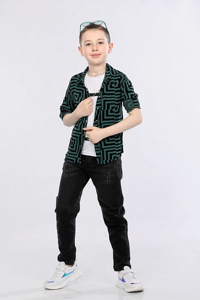MORNIO Boy's 3-Piece Set Patterned Shirt, T-shirt and Jeans MRN2436