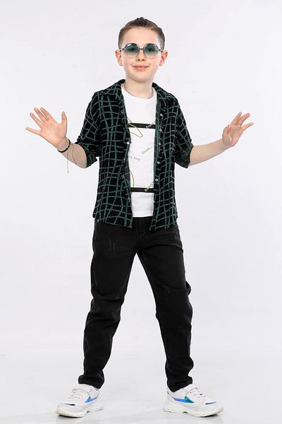 MORNIO Boy's 3-Piece Set Patterned Shirt, T-shirt and Jeans MRN2434