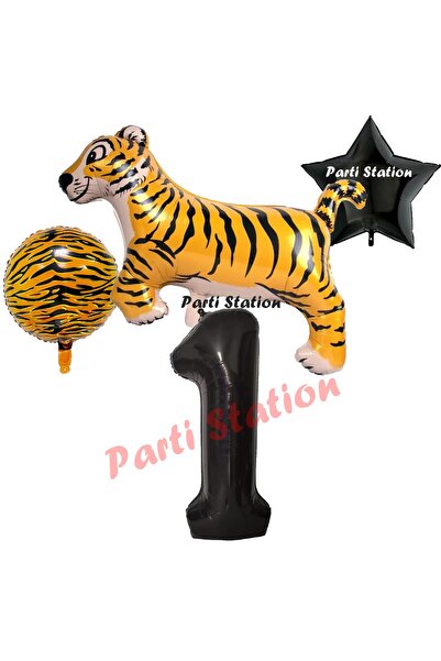 Parti Station مجموعة بالونات سفاري تايجر بعمر سنة واحدة - رقم أسود وحزام عيد ...