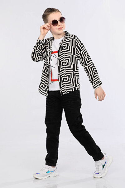 MORNIO Boy's 3-Piece Set Patterned Shirt, T-shirt and Jeans MRN2436