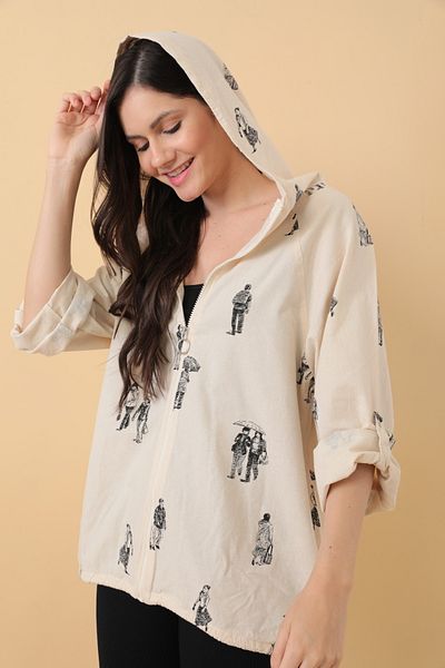 Asist Hooded Zippered Charcoal Printed Loose Jacket - 0400
