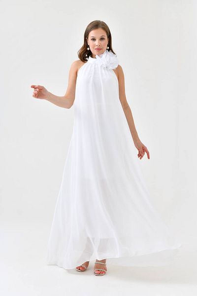 Neşeli Butik γυναικείο λευκό σιφόν τριαντάφυλλο μακρύ βραδινό φόρεμα NBS9351