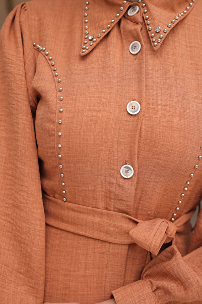 benguen Γυναικείο φόρεμα με χάντρες με λεπτομέρειες 6809 κανέλα