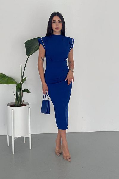 Neşeli Butik rochie albastră skuba creponată pentru femei NBK2081