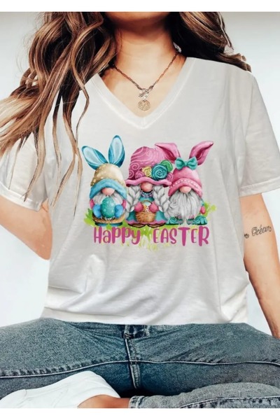 WOODROFFE Μαύρο/Λευκό Γυναικείο μπλουζάκι με στάμπα V-λαιμόκοψης Casual Oversize