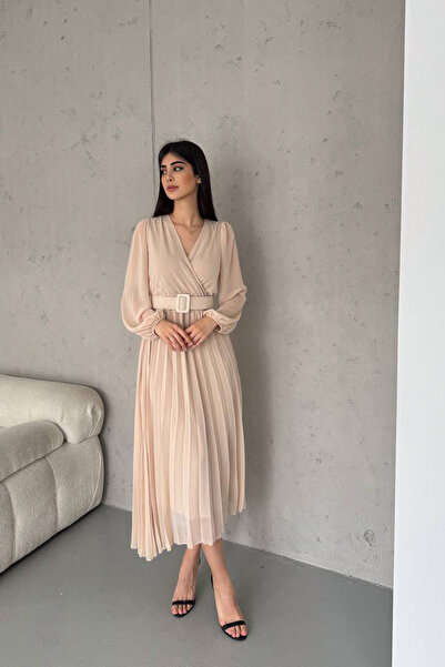 Neşeli Butik γυναικείο πλισέ φόρεμα σιφόν με διπλό γιακά με ζώνη NBK2113