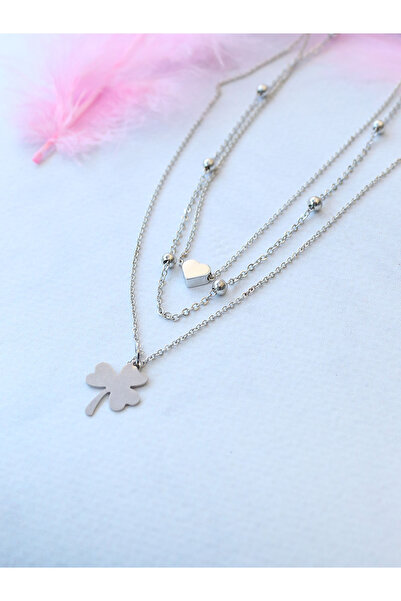 Dukkanka 3'lü Yonca Kalp Gümüş Renk Kadın Kolye