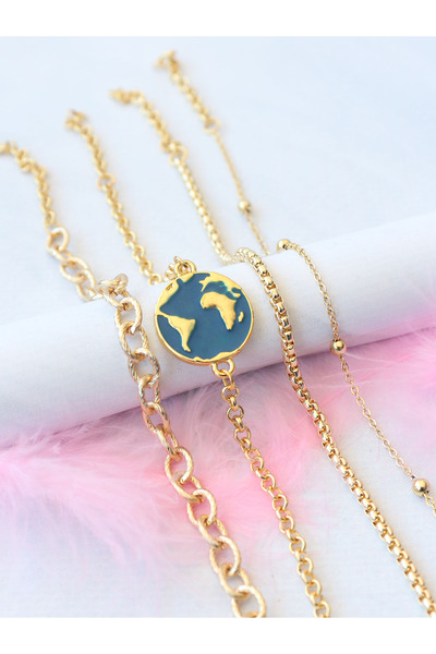 4Pcs World Motif Gold Plated Women's Chain Bracelet Set
