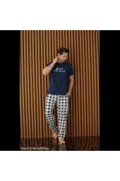 Pijamoni Ανδρικό μονό ζέρσεϊ κάτω καρό κοντομάνικο σετ πιτζάμες - 6610-5