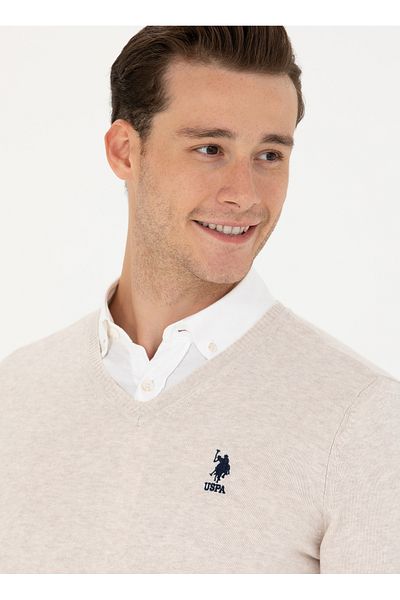 U.S. Polo Assn. US Polo Assn.V-Neck Slim Fit Men's Sweater - Stone Melange, GTD02-GLBSK23
