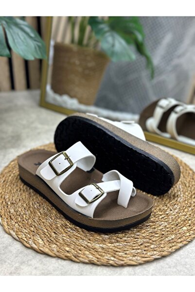 İmerShoes Daily Women's White Slippers Single Toe Comfortable Cork Sole Buckle Adjustable Sandals 34162