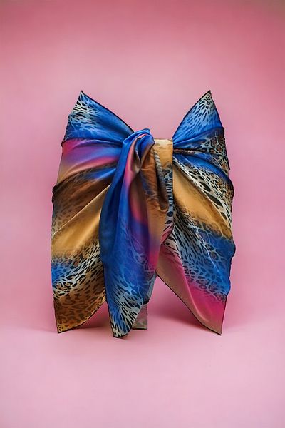 pistore New Season Blue Pink Leopard Print Satin Women's Beach Dress - Short Pareo