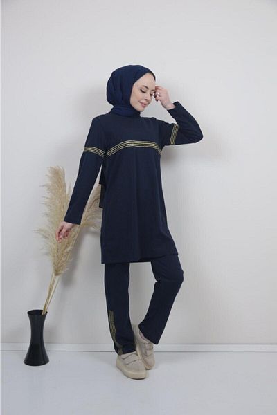BAV Butik Ayvitrin Women's Hijab Hoodless Glitter Stripe Tracksuit Set Navy Blue