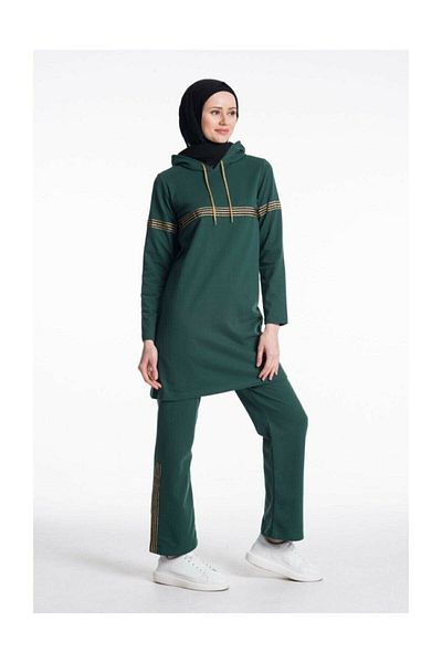 BAV Butik Ayvitrin Women's Nefti Green Hooded Glitter Stripe Tracksuit