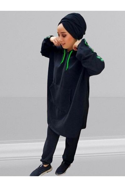 BAV Butik Ayvitrin Unisex Hijab Black Green Highlighter Tracksuit Set